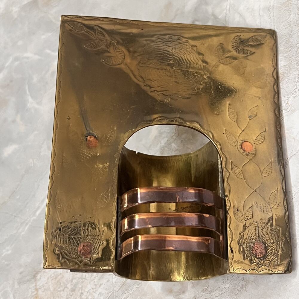 Vintage Brass Copper Taper Candle Holder 6" Rustic Mid Century Tooling Embossed